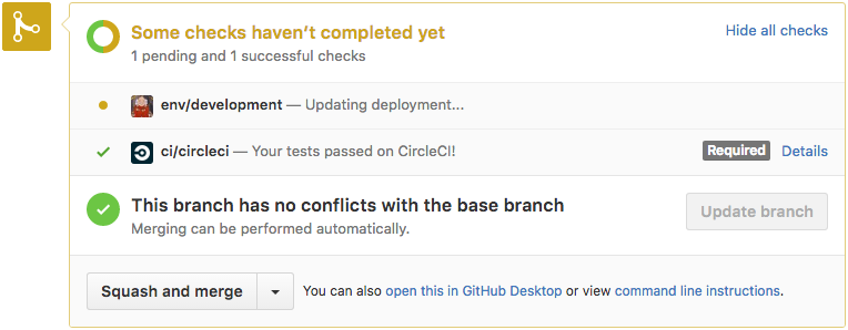 GitHub status displaying the deployment status for the development environment of one application