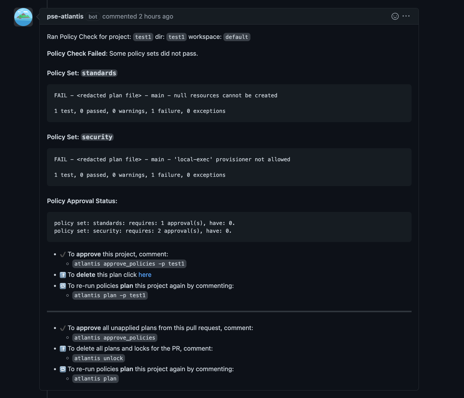 Atlantis message showing policy violations