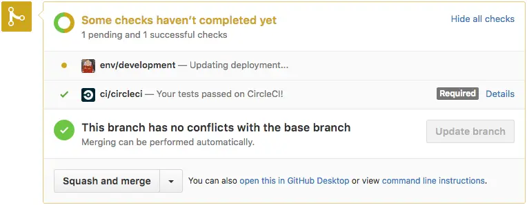 GitHub status displaying the deployment status for the development environment of one application