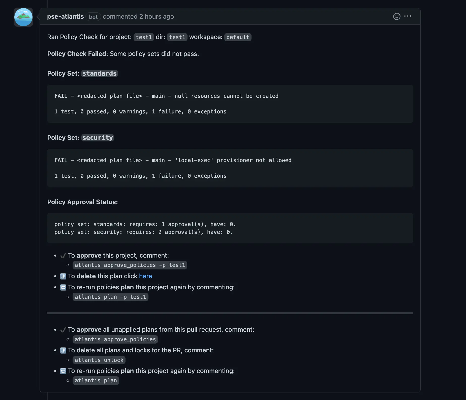 Atlantis message showing policy violations