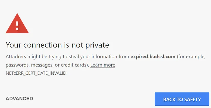 Mensagem de erro no Chrome ao tentar acessar um site com certificado TLS inválido